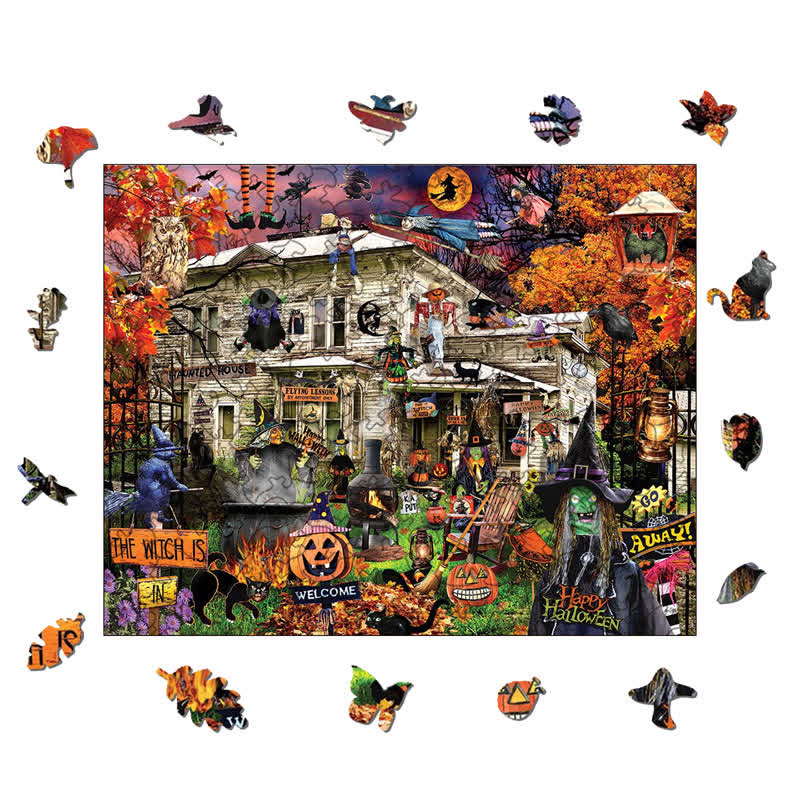 Rubbyoo Witches Welcome Halloween Black Cat Haunted House - Wooden Jigsaw Puzzle - image 1