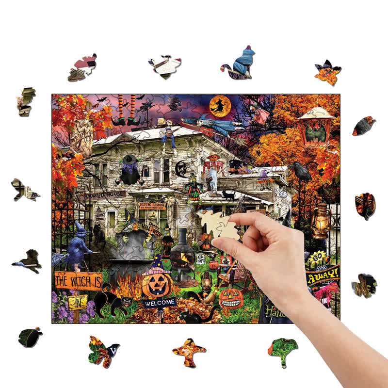 Rubbyoo Witches Welcome Halloween Black Cat Haunted House - Wooden Jigsaw Puzzle - image 7