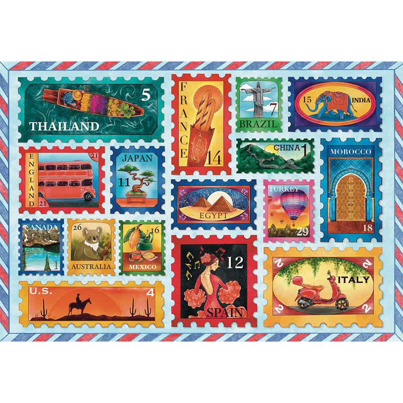 Rubbyoo Around the World in Stamps - Wooden Jigsaw Puzzle - A2 - Wooden Gift Packaging - image 0