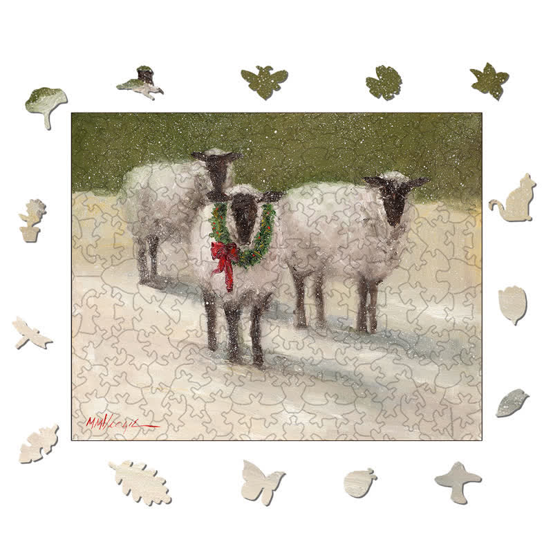 Rubbyoo Lambs With Wreath - Wooden Jigsaw Puzzle - image 1