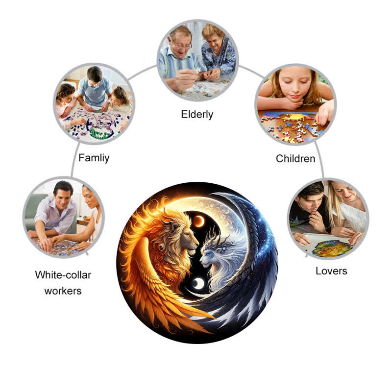 Rubbyoo Sun And Moon Winged Lions Yin Yang - Wooden Jigsaw Puzzle - image 7