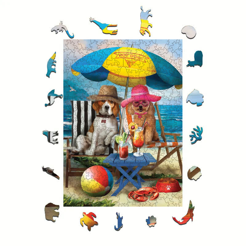 Rubbyoo Dogs On The Beach Funny - Wooden Jigsaw Puzzle - image 1