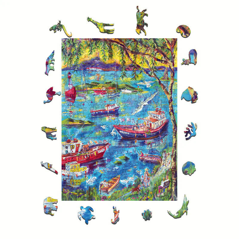 Rubbyoo Boats at Sunset Bay - Wooden Jigsaw Puzzle - image 1