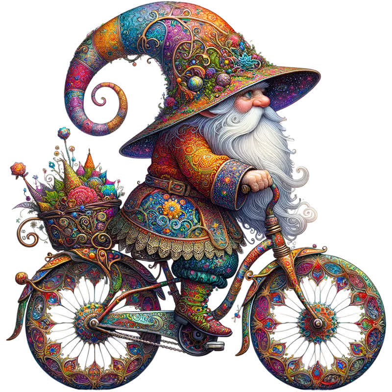 Rubbyoo Colorful Gnome On Decorative Bicycle With Paisley Patterns - Wooden Jigsaw Puzzle - A3 - Wooden Gift Packaging - image 0