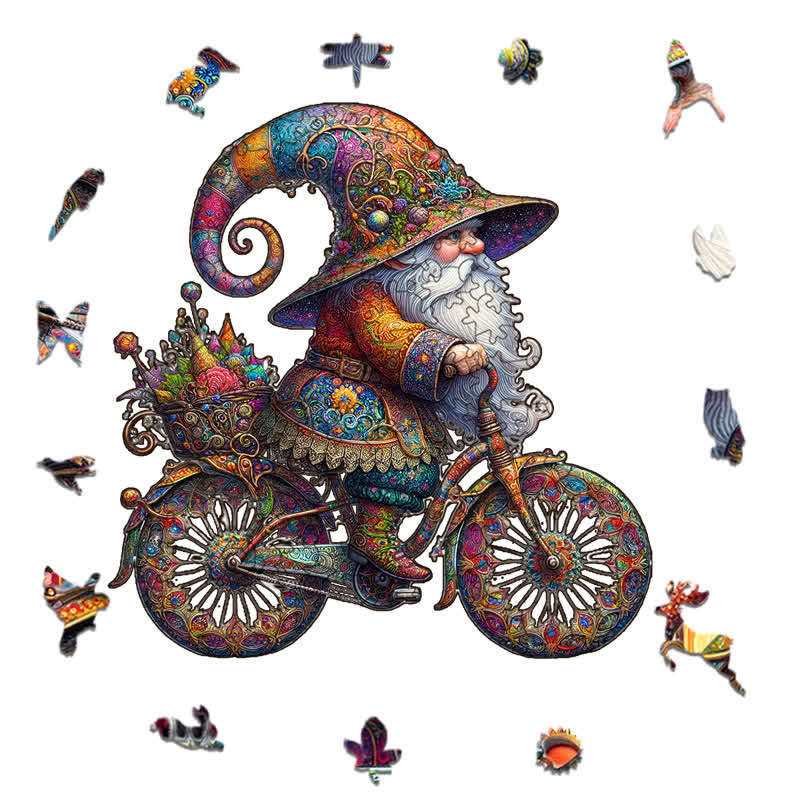 Rubbyoo Colorful Gnome On Decorative Bicycle With Paisley Patterns - Wooden Jigsaw Puzzle - image 1