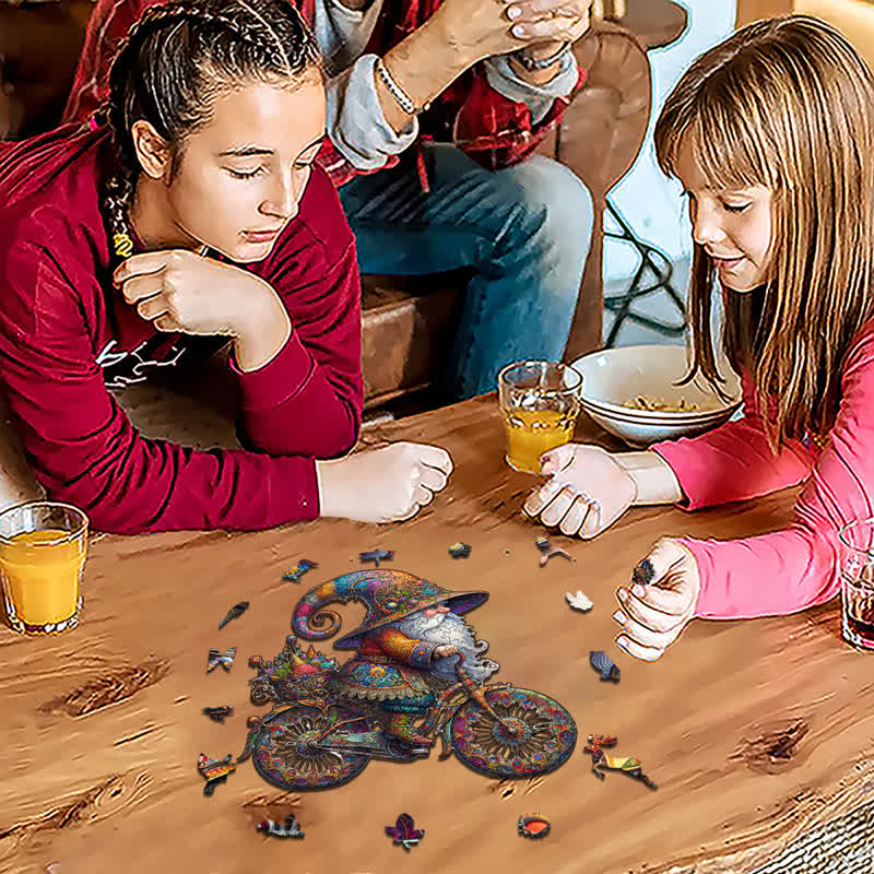 Rubbyoo Colorful Gnome On Decorative Bicycle With Paisley Patterns - Wooden Jigsaw Puzzle - image 3