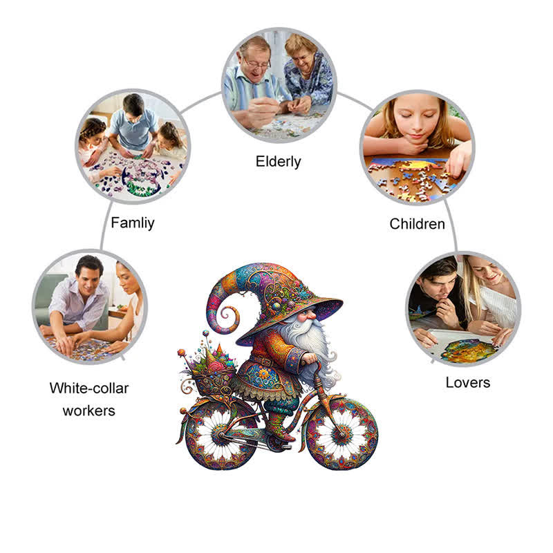 Rubbyoo Colorful Gnome On Decorative Bicycle With Paisley Patterns - Wooden Jigsaw Puzzle - image 5