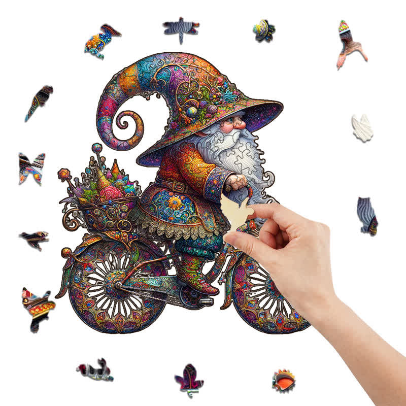 Rubbyoo Colorful Gnome On Decorative Bicycle With Paisley Patterns - Wooden Jigsaw Puzzle - image 7