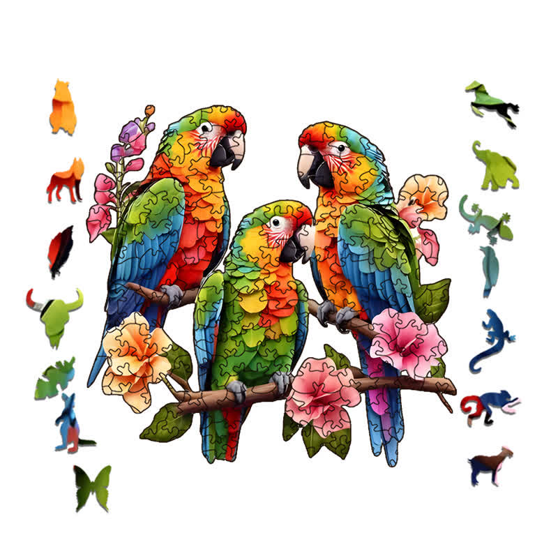 Rubbyoo Parrots With Flowers Isolated - Wooden Jigsaw Puzzle - image 1