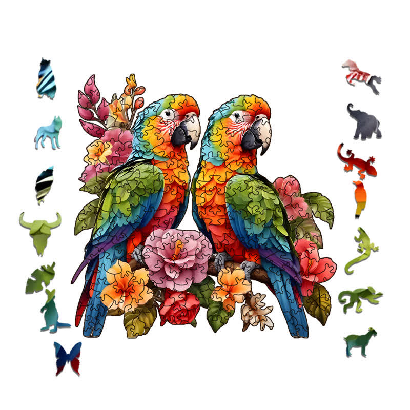 Rubbyoo Two Colorful Parrot With Flowers - Wooden Jigsaw Puzzle - image 1
