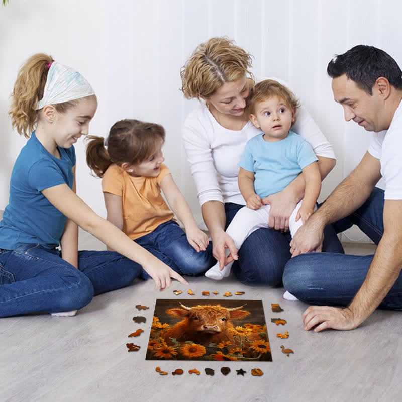 Rubbyoo Highland Cow With Sunflowers - Wooden Jigsaw Puzzle - image 2