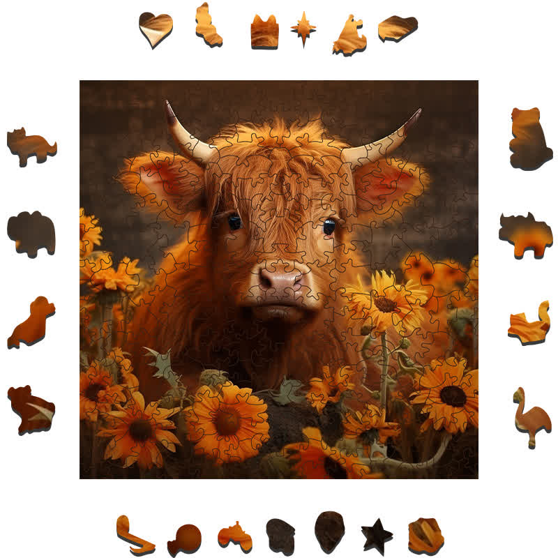 Rubbyoo Highland Cow With Sunflowers - Wooden Jigsaw Puzzle - image 1
