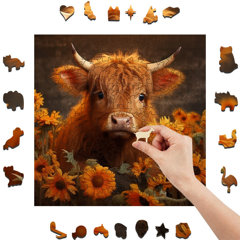 Rubbyoo Highland Cow With Sunflowers - Wooden Jigsaw Puzzle - image 6