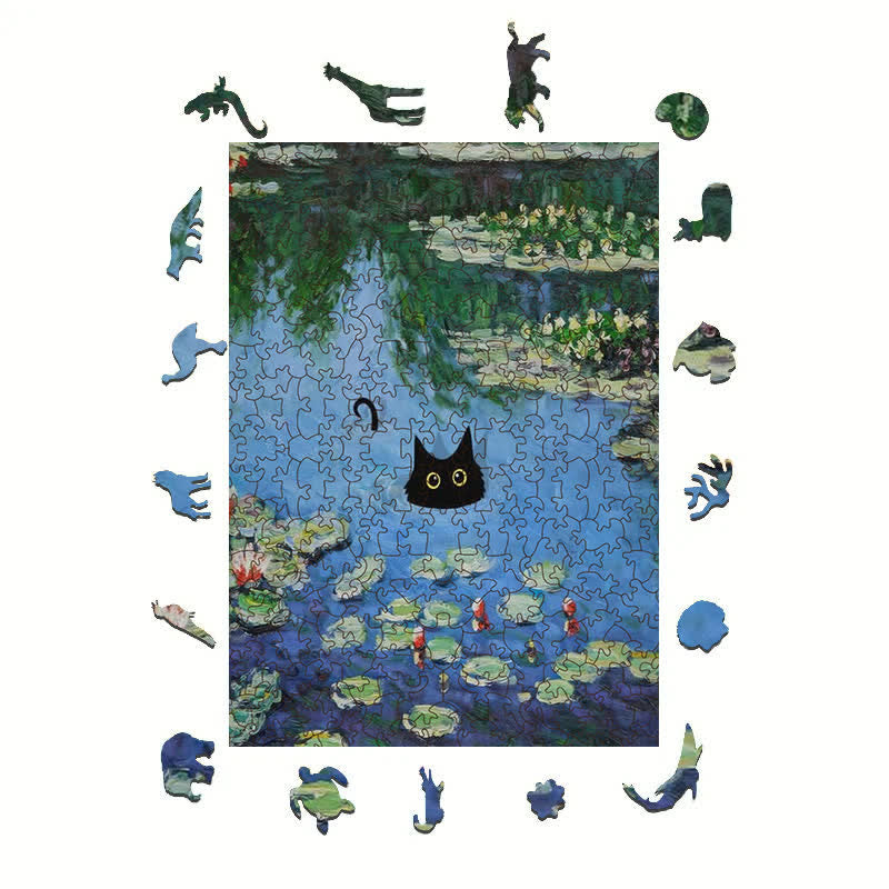 Rubbyoo Water Lilies And Black Cat - Wooden Jigsaw Puzzle - image 1