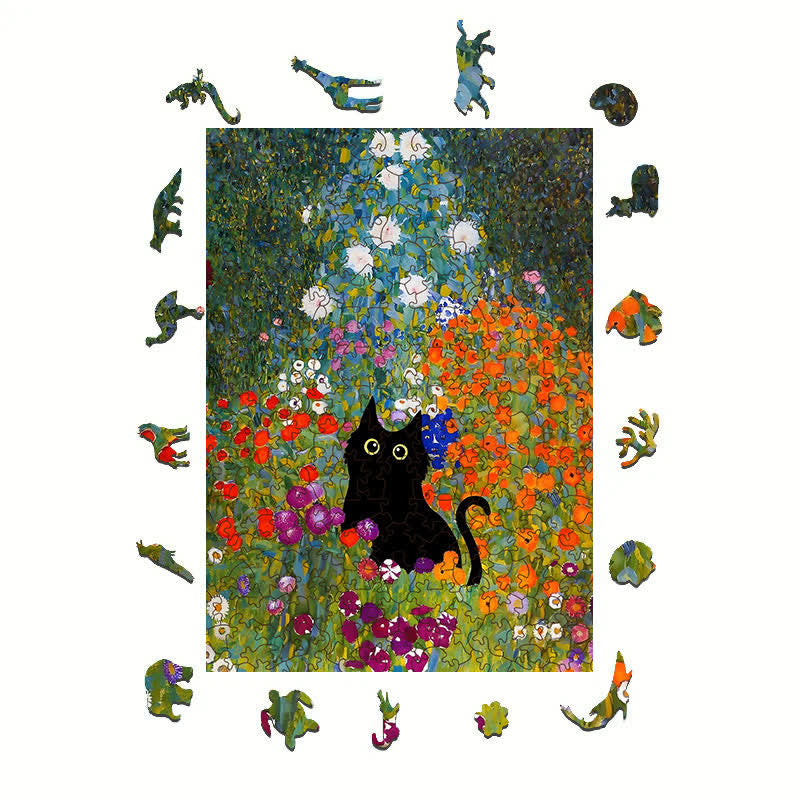 Rubbyoo Black Cat In Flowers Garden - Wooden Jigsaw Puzzle - image 1