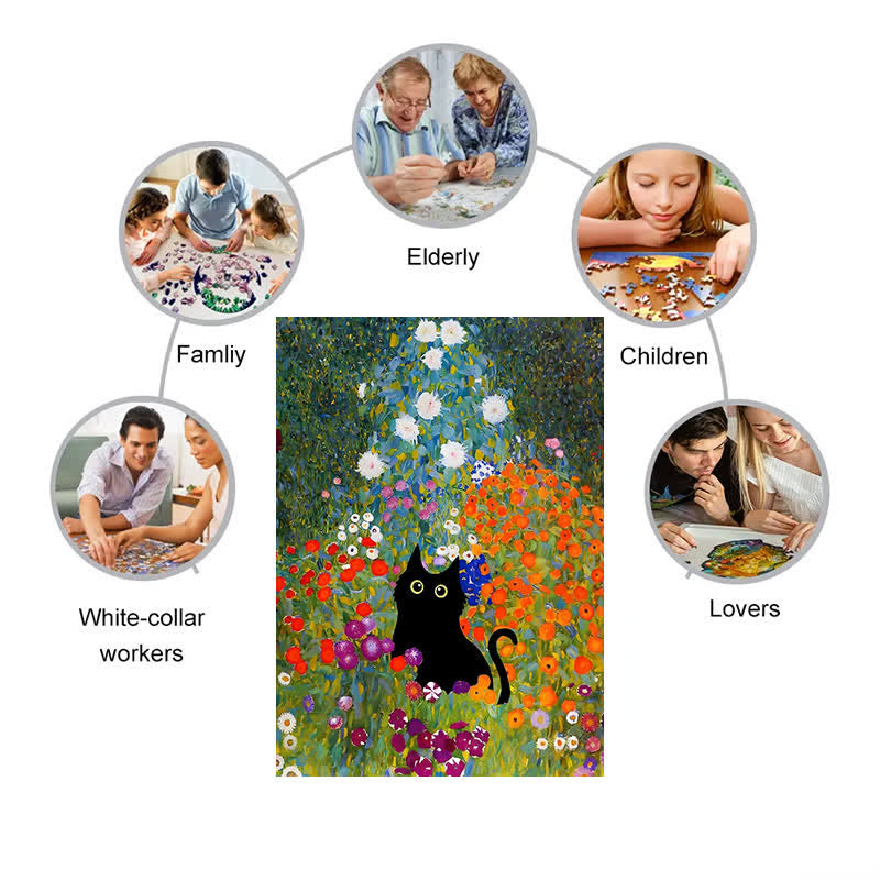 Rubbyoo Black Cat In Flowers Garden - Wooden Jigsaw Puzzle - image 3