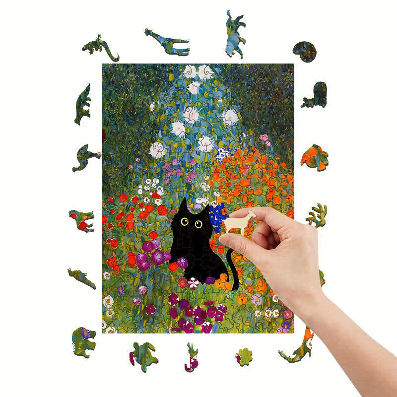 Rubbyoo Black Cat In Flowers Garden - Wooden Jigsaw Puzzle - image 6