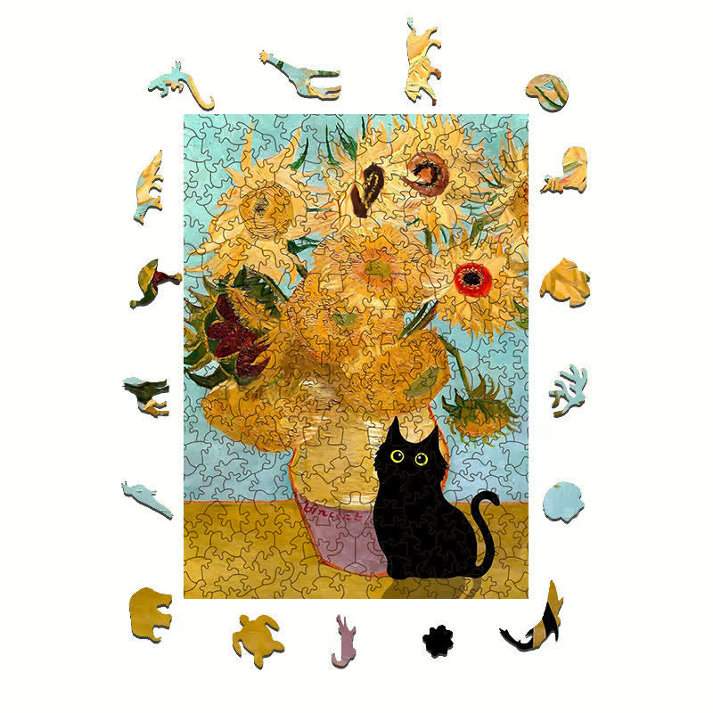 Rubbyoo Cat with Sunflowers - Wooden Jigsaw Puzzle - image 1