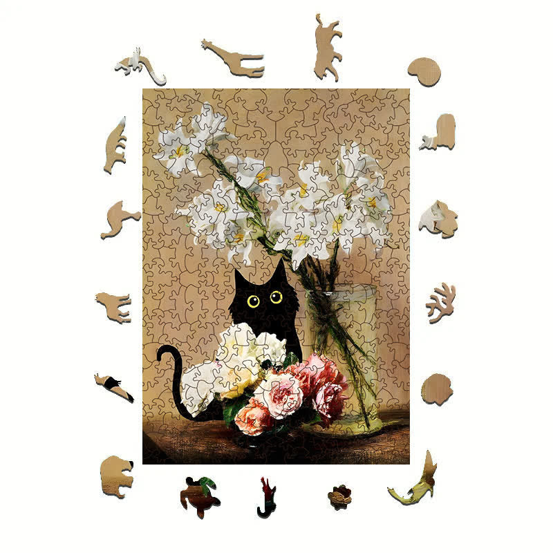 Rubbyoo Cute Black Cat With Roses And Lilies - Wooden Jigsaw Puzzle - image 1