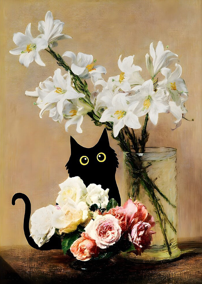 Rubbyoo Cute Black Cat With Roses And Lilies - Wooden Jigsaw Puzzle - A3 - Wooden Gift Packaging - image 0