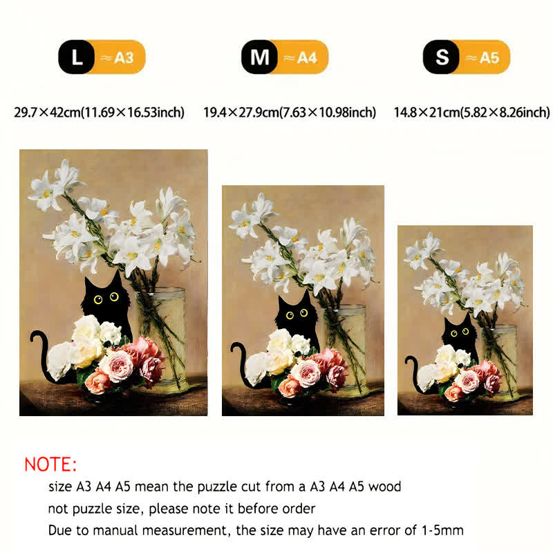 Rubbyoo Cute Black Cat With Roses And Lilies - Wooden Jigsaw Puzzle - image 2