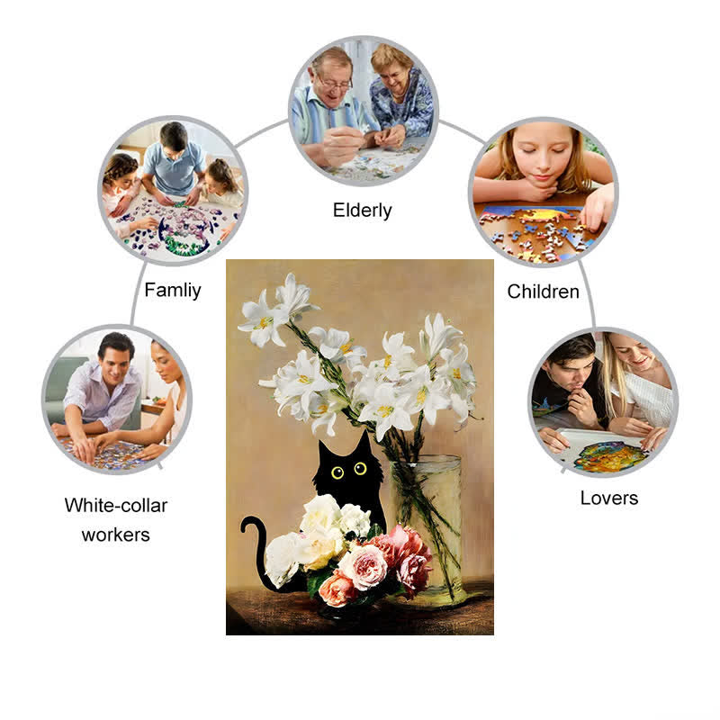 Rubbyoo Cute Black Cat With Roses And Lilies - Wooden Jigsaw Puzzle - image 6