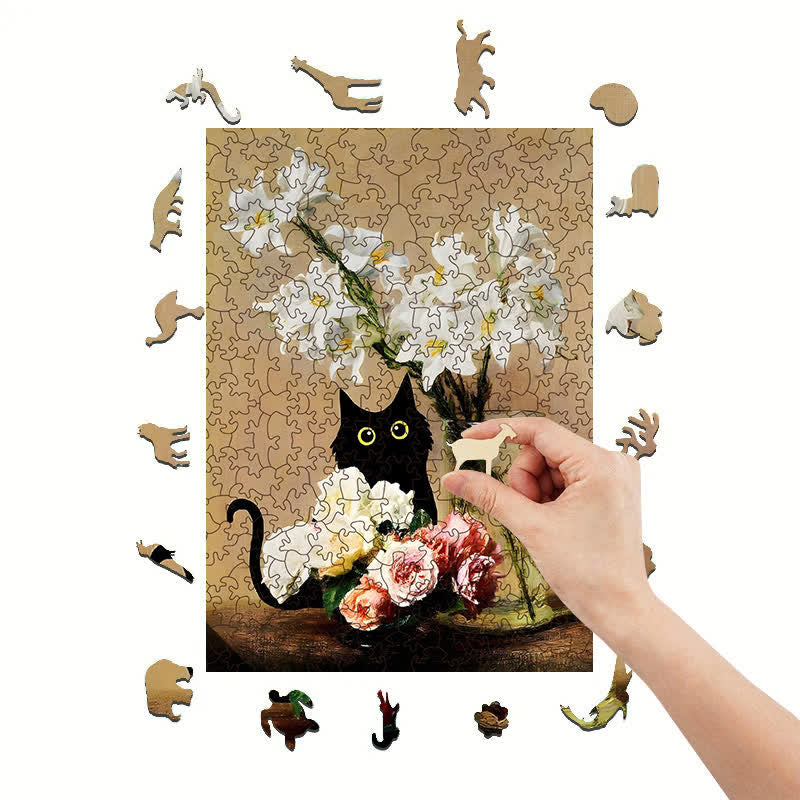 Rubbyoo Cute Black Cat With Roses And Lilies - Wooden Jigsaw Puzzle - image 7