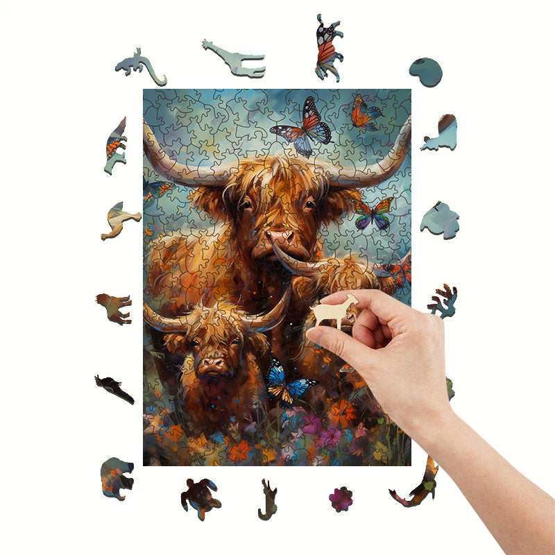 Rubbyoo Highland cow with butterflies - Wooden Jigsaw Puzzle  - image 4