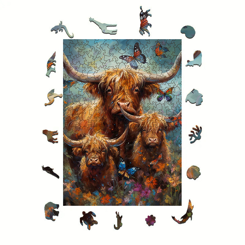 Rubbyoo Highland cow with butterflies - Wooden Jigsaw Puzzle  - image 1