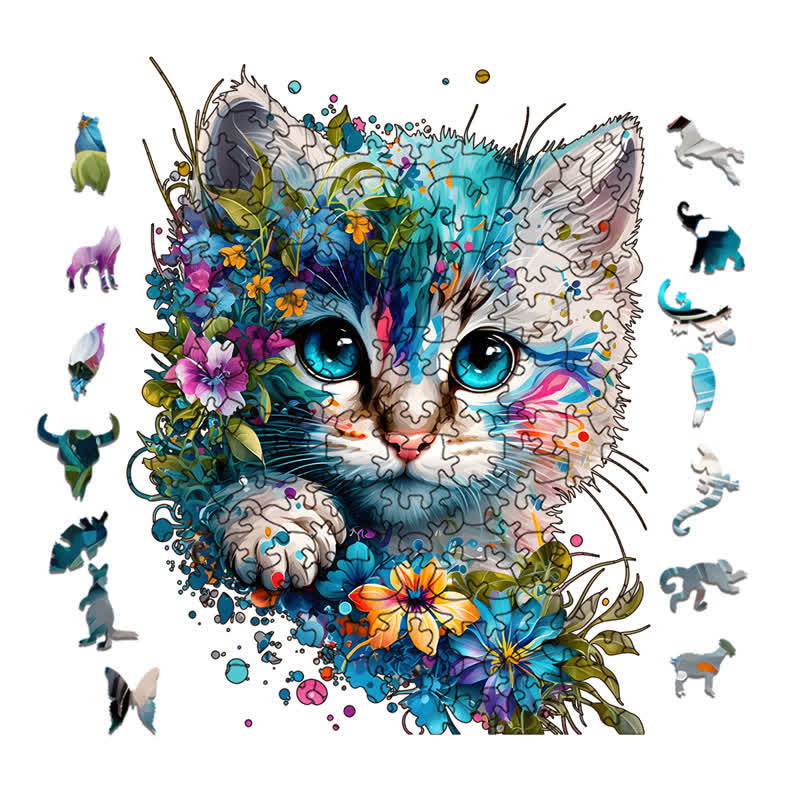 Cute adorable cat with floral vibes -3 Wooden Jigsaw Puzzle - image 1