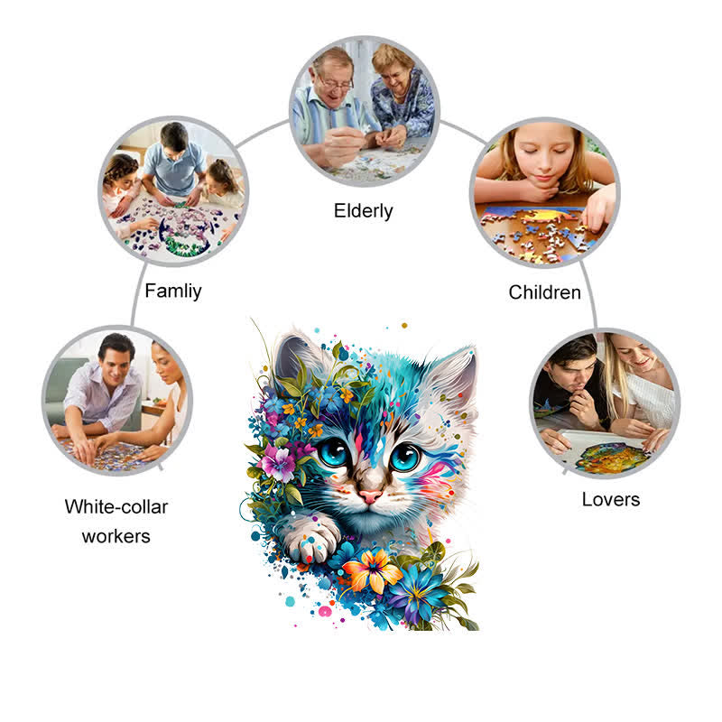 Cute adorable cat with floral vibes -3 Wooden Jigsaw Puzzle - image 3