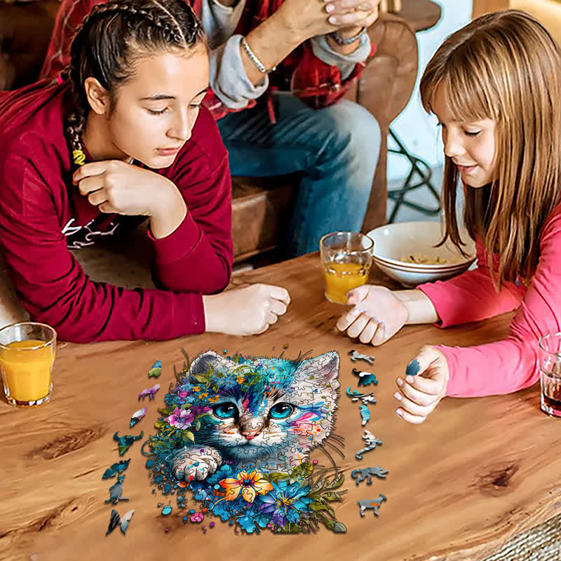 Cute adorable cat with floral vibes -3 Wooden Jigsaw Puzzle - image 8