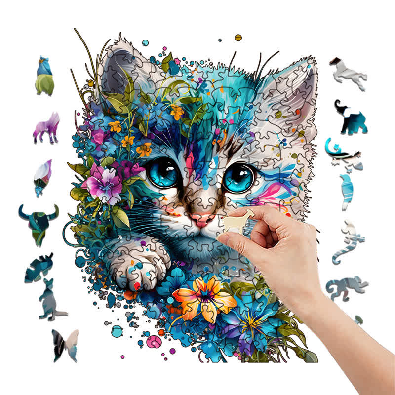 Cute adorable cat with floral vibes -3 Wooden Jigsaw Puzzle - image 7