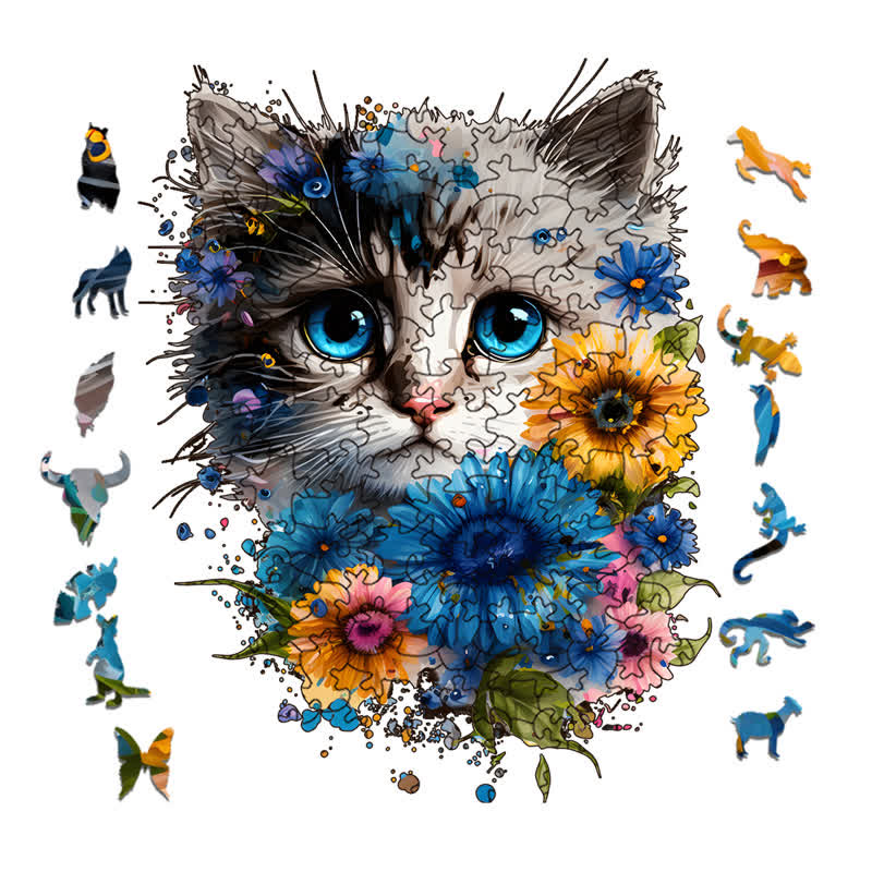 Cute adorable cat with floral vibes -1 Wooden Jigsaw Puzzle - image 1