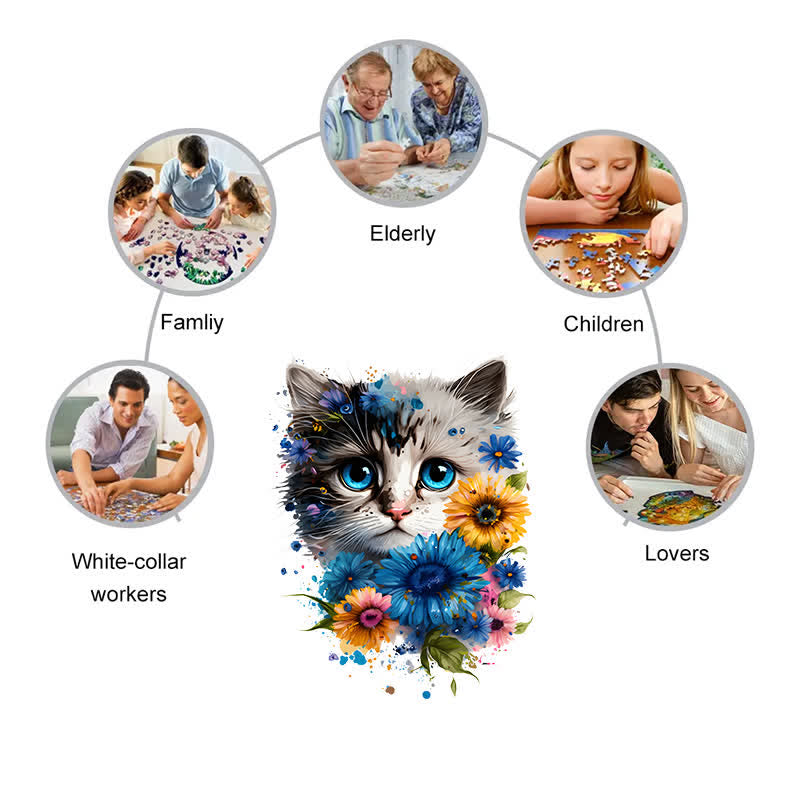 Cute adorable cat with floral vibes -1 Wooden Jigsaw Puzzle - image 4