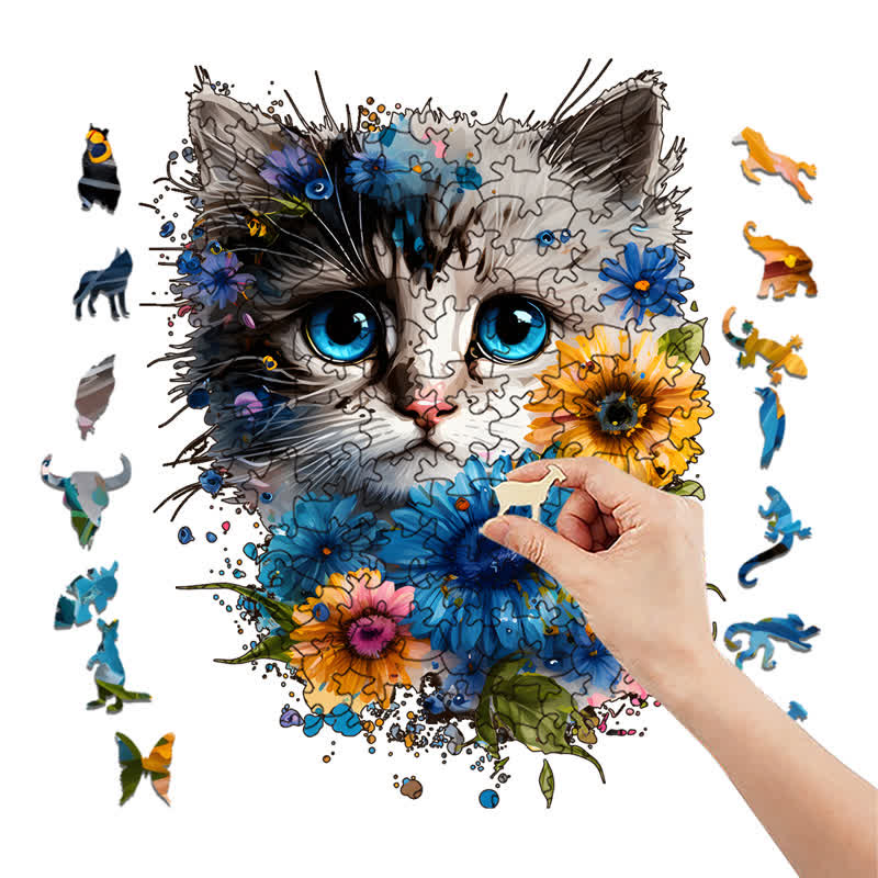 Cute adorable cat with floral vibes -1 Wooden Jigsaw Puzzle - image 7