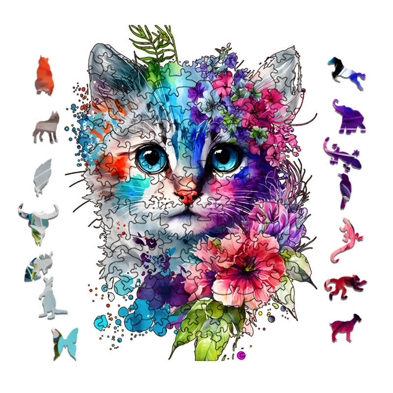 Cute adorable cat with floral vibes -4 Wooden Jigsaw Puzzle - image 1