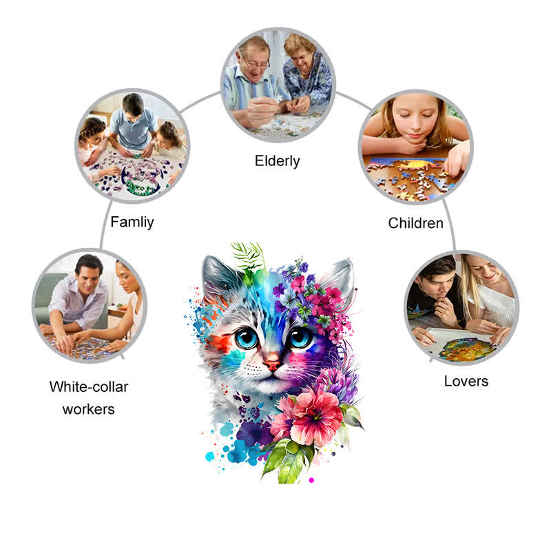 Cute adorable cat with floral vibes -4 Wooden Jigsaw Puzzle - image 2