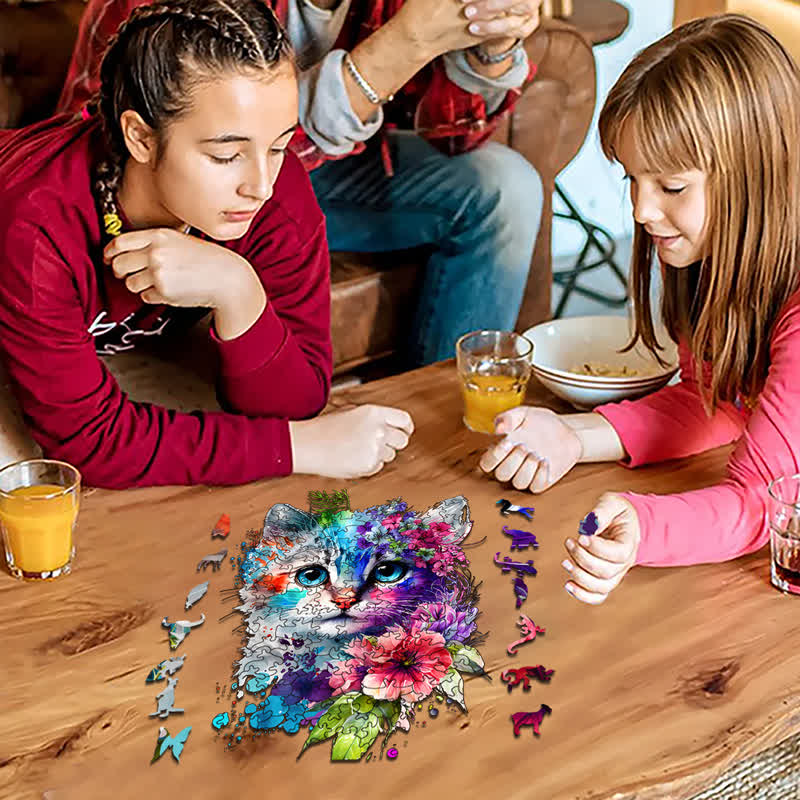 Cute adorable cat with floral vibes -4 Wooden Jigsaw Puzzle - image 4