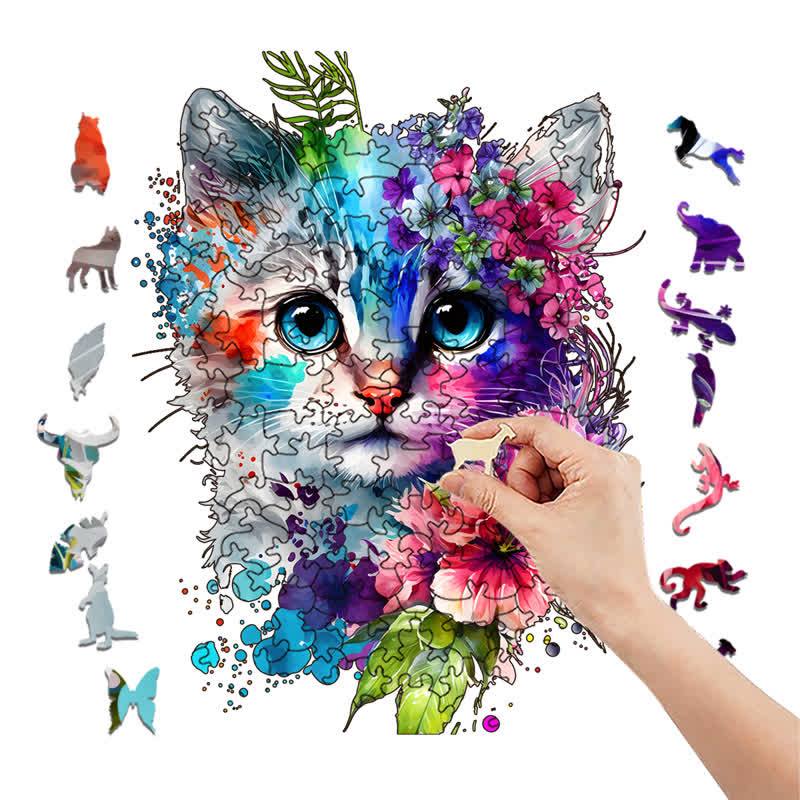 Cute adorable cat with floral vibes -4 Wooden Jigsaw Puzzle - image 6