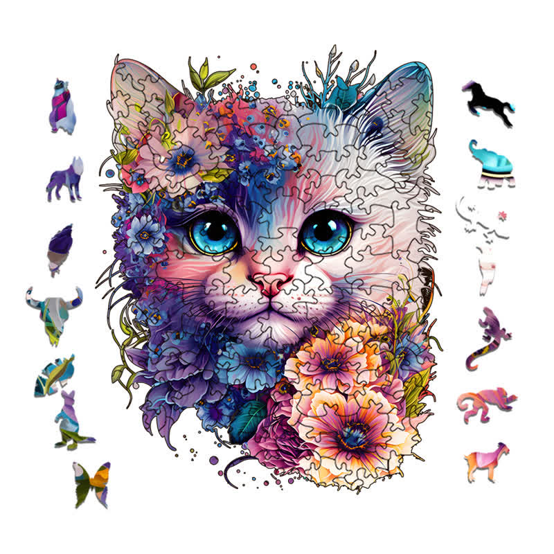 Cute adorable cat with floral vibes -2 Wooden Jigsaw Puzzle - image 1