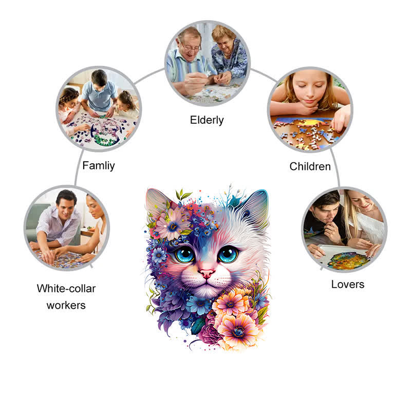 Cute adorable cat with floral vibes -2 Wooden Jigsaw Puzzle - image 4