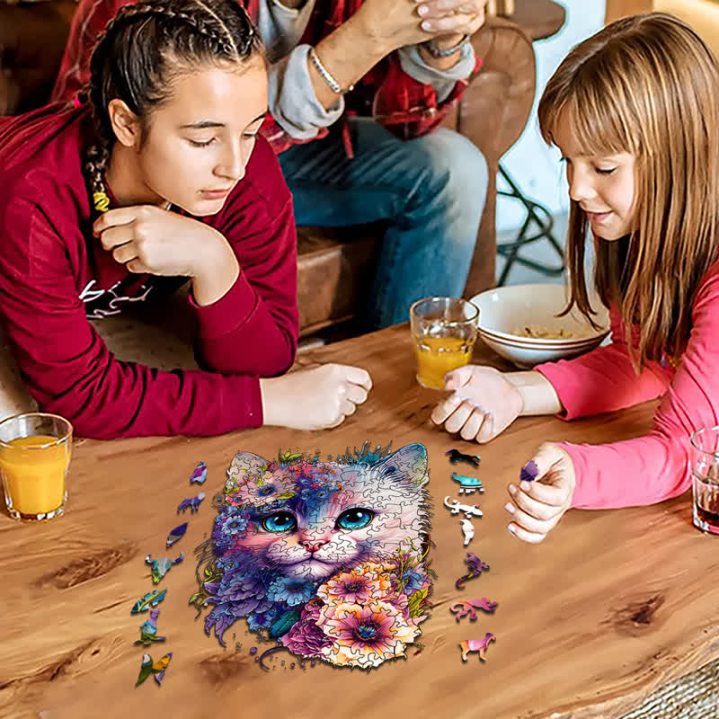 Cute adorable cat with floral vibes -2 Wooden Jigsaw Puzzle - image 8