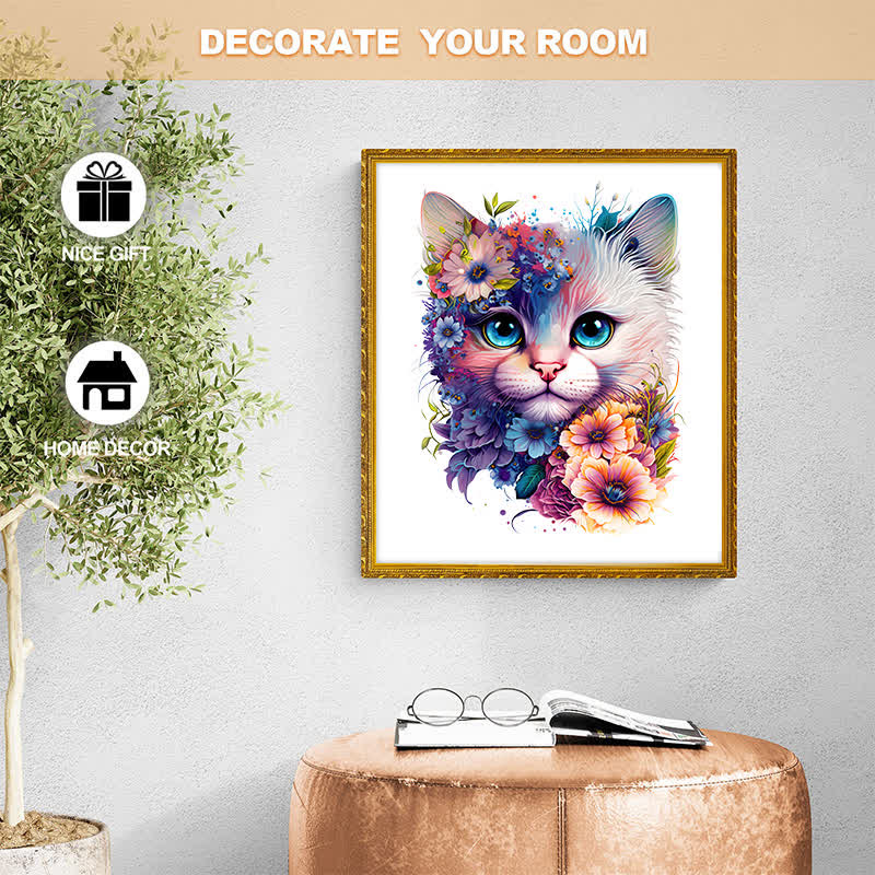 Cute adorable cat with floral vibes -2 Wooden Jigsaw Puzzle - image 6
