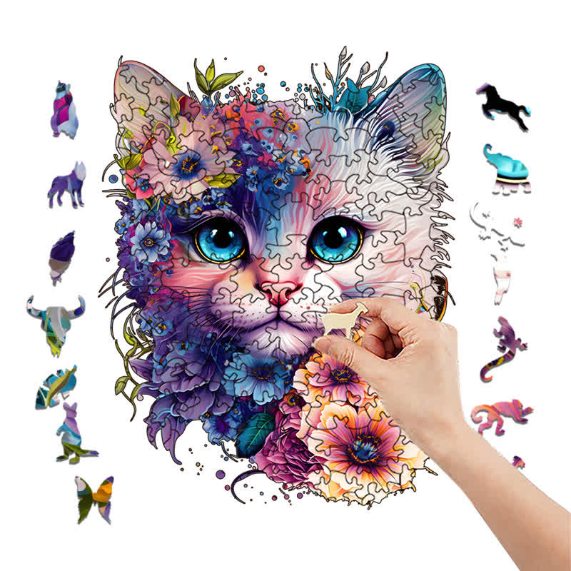 Cute adorable cat with floral vibes -2 Wooden Jigsaw Puzzle - image 7