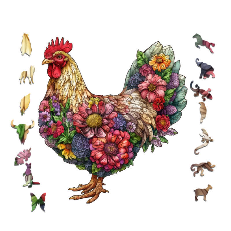 Floral Rooster - Wooden Jigsaw Puzzle - image 1