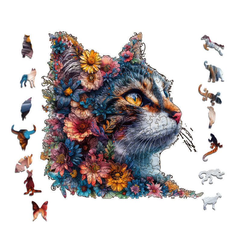 Floral Cat - Wooden Jigsaw Puzzle - image 1
