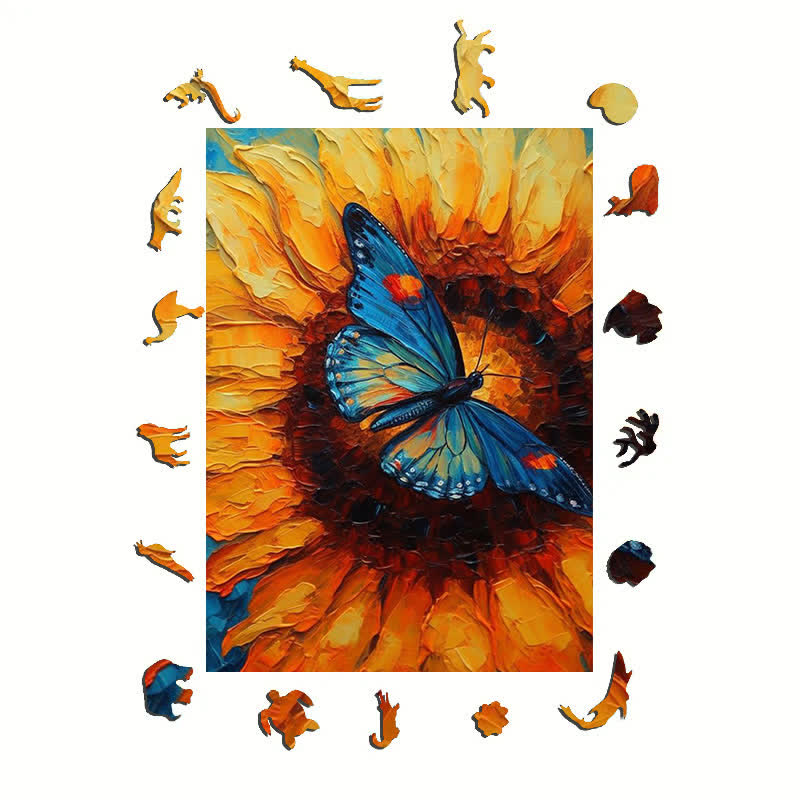 Sunflowers and a Blue Butterfly - Wooden Jigsaw Puzzle - image 1