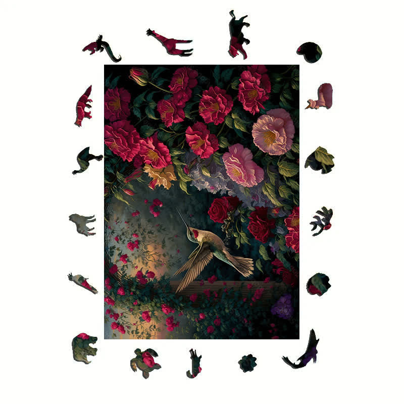 Hummingbird and roses scenery - Wooden Jigsaw Puzzle - image 1