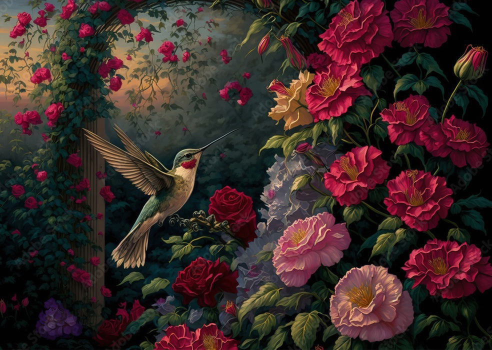 Hummingbird and roses scenery - Wooden Jigsaw Puzzle - A3  - Wooden Gift Packaging - image 0
